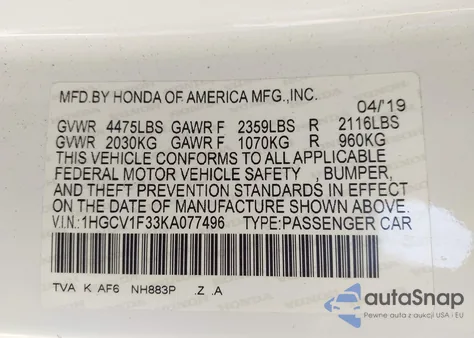 2019 Honda Accord Sport из США, поврежденный, VIN 1HGCV1F33KA077496